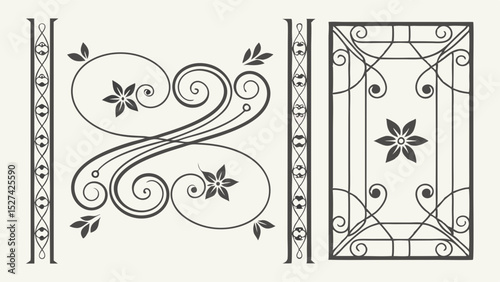 Decorative Ironwork Designs with Floral and Swirl Elements on Transparent Background