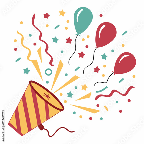Festive Party Popper with Balloons, Confetti, and Streamers