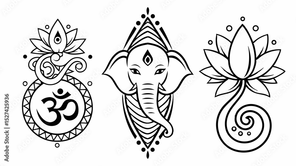 Obraz premium Stylized Ganesha, Om Symbol, and Lotus Flower Illustrations in Black and White