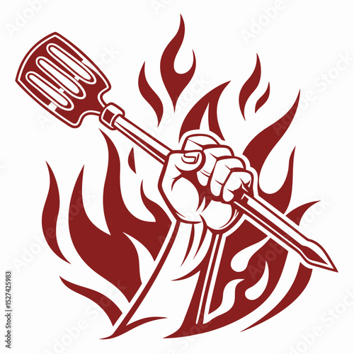 Fiery Hand Gripping a Spatula, BBQ Grill Master Emblem