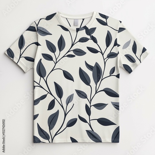 A captivating, detailed view of a minimalist T-shirt showcasing an all-over leaf pattern, the image highlighting the clean design and the potential for the textile to be used in the fashion industry.