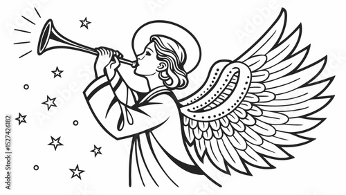 Black and White Angel Playing Trumpet with Stars