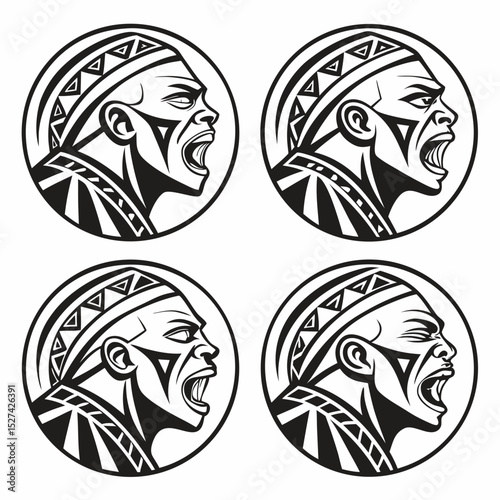 Four stylized monochrome portraits of a screaming tribal man