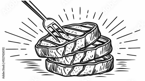 Stacked Grilled Steaks with Fork, Illustrated in Black and White