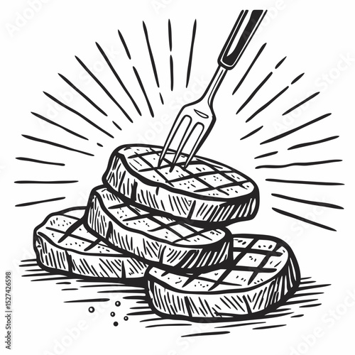 Grilled Steak Slices with Fork, Hand-Drawn Illustration