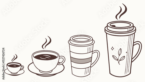 Four stylized coffee cups and mugs with steam, in a line