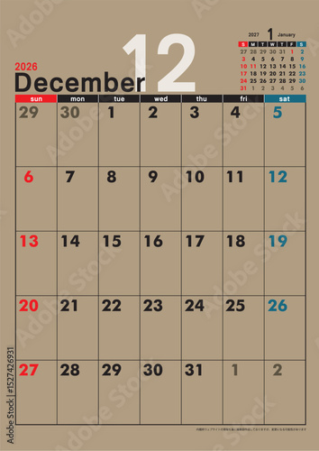 日曜始まり壁掛けカレンダー令和8年 2026年12月　カレンダー素材　クラフト紙　テンプレートデータ