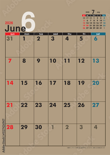 日曜始まり壁掛けカレンダー令和8年 2026年6月　カレンダー素材　クラフト紙　テンプレートデータ