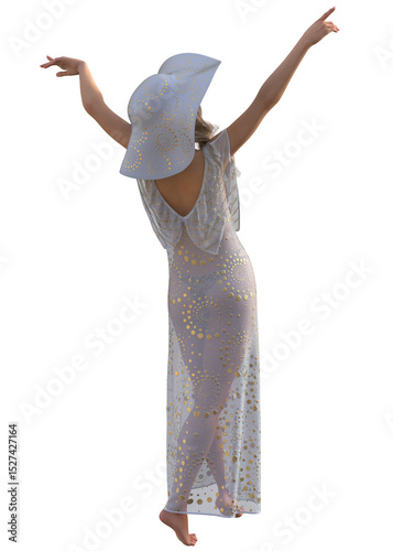 Elegant barefoot woman in a white sheer summer dress and wide-brimmed hat posing, wearing translucent fashion with golden dot patterns, 3D illustration. Woman in bikini and sheer summer dress.