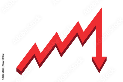 Flat red business arrow graph going down represents trading loss business decline economic recession and financial deficit. Simple vector illustration symbol design.	
