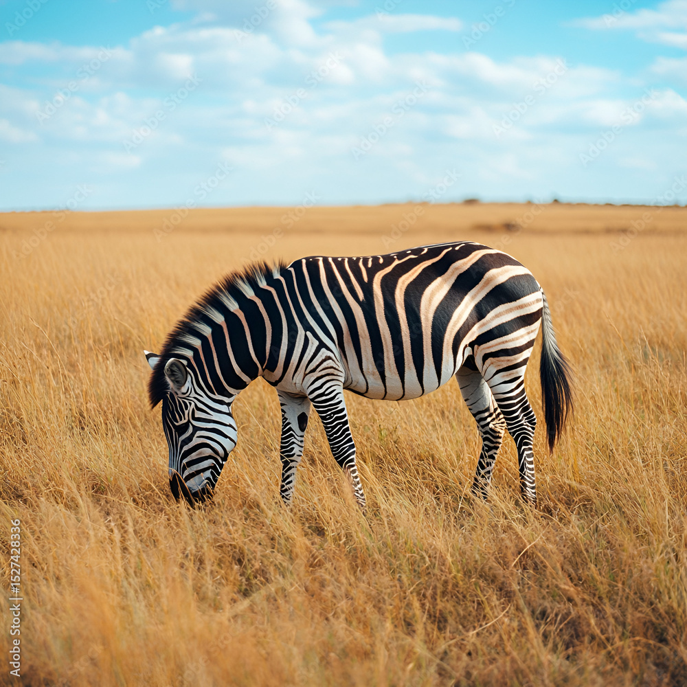 Naklejka premium Zebra grazing in the savannah africa wildlife photography open grassland close-up view nature conservation