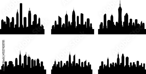 a set of silhouettes of city skylines with clouds and sun, city skyline, urban skyline