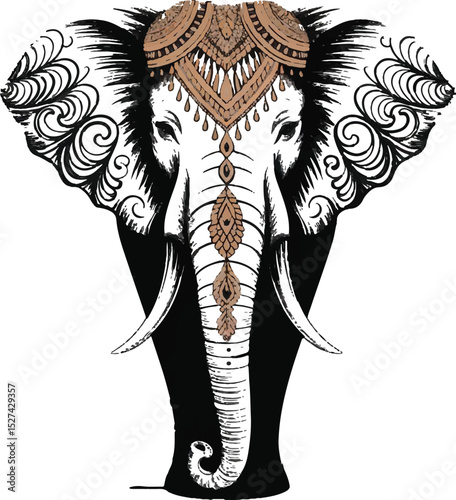 Elephant with tribal tattoo design featuring floral and animal patterns