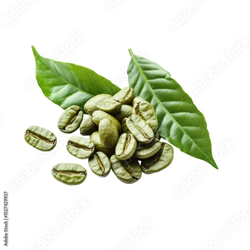 Raw green coffee beans unroasted with leaves healthy organic ingredient for beverage preparation process