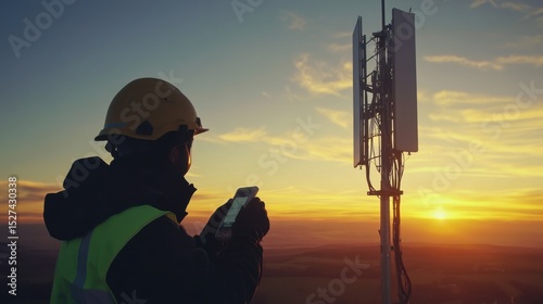 Safety Gear for Examining 5G Antenna at Golden Hour
