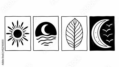 Four square panels displaying sun, moon over water, leaf, and moon with birds in black and white created with generated ai