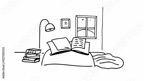 Illustration of a cozy room with a bed, books, lamp, window, and picture frame drawn in black lines created with generated ai