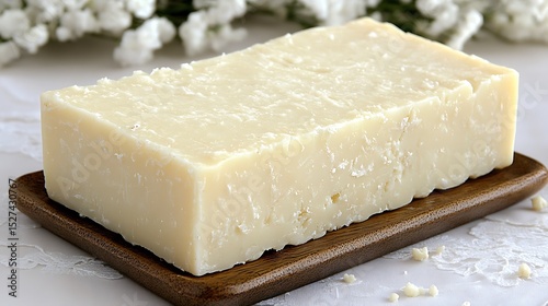 A Close-Up of Parmesan Cheese on a Wooden Board with White Flowers Background