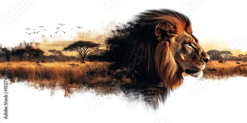 Double exposure of a lion overlapping a savannah grassland