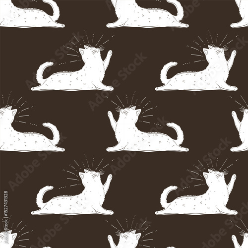 Seamless pattern with a cat on a dark background. The cat is lying. Silhouette and outline