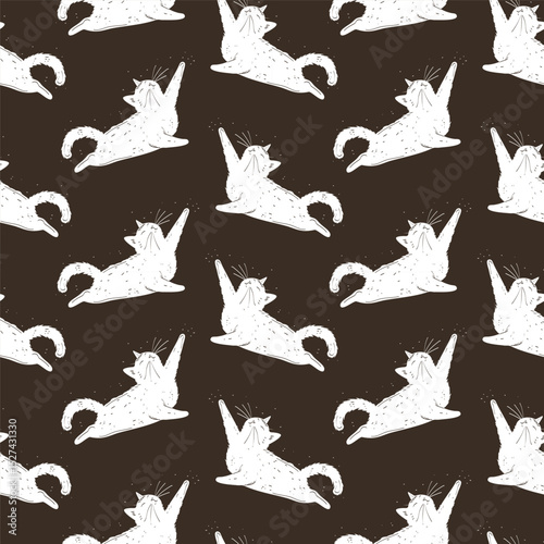 Seamless pattern with a cat on a dark background. Silhouette and outline. Cat with an outstretched paw