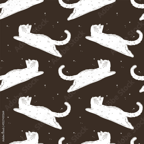 Seamless pattern. Cat lies. Dark background. Silhouette and contour