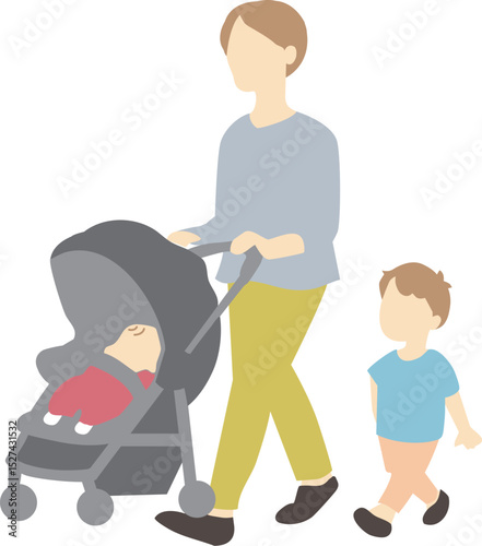 散歩中のパパと子ども