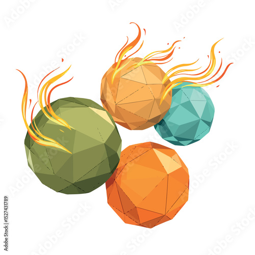 Vsai burning polygonal spheres creating a dynamic abstract composition