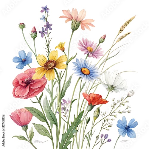 Assorted Wildflowers in Loose Watercolor Style on White Background