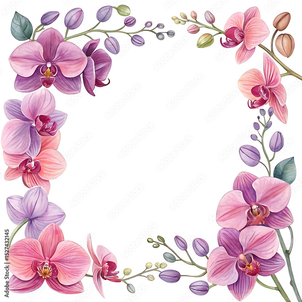 Fototapeta premium Blooming Orchid Watercolor Border Frame on White Background