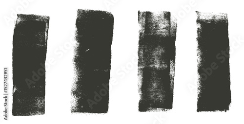 Straight thick grunge underlines. Linocut rolled brush stroke set. Handmade ink rectangle rough stamps. Vector black paint lines shapes. Dry marker or brayer smear textures. Distressed figures.