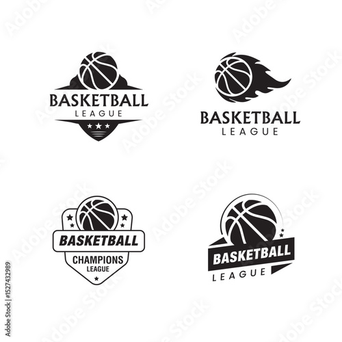 Basketball championship vector logo, orange blue elegant colorful basket ball team logo with stars and badge