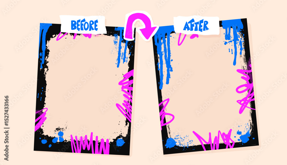 Before and after template. Graffiti frames for photo comparison. Competition layout borders with grunge decoration. Empty vs challenge concept with urban style effect. Vector background illustration.