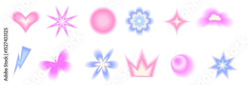 Blur gradient geometric shape set. Y2k retro heart, star and circle with flower. Colorful gradation butterfly, crown icons on white background. Trendy effect with blurry texture. Vector illustration.