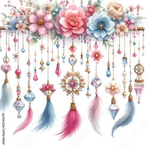 흰 배경, 보석과 꽃으로 이루어진 조화로운 모빌, 수채화, jpeg (white background, a harmonious mobile of jewels and flowers, water colour, jpeg)