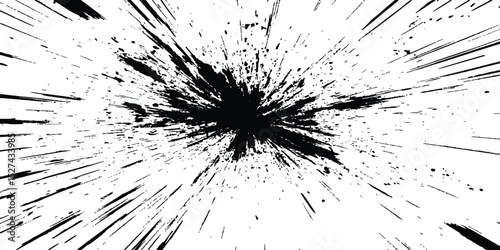 Dynamic charcoal burst explosion, isolated on transparent background. Abstract explosion, radial burst of ink splatter effect.