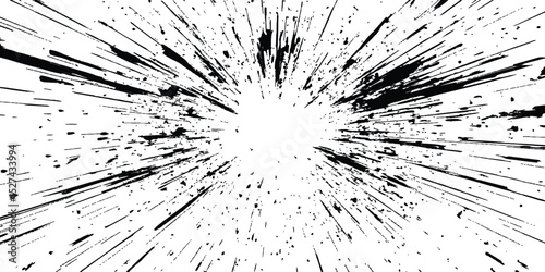 Dynamic charcoal burst explosion, isolated on transparent background. Abstract explosion, radial burst of ink splatter effect.