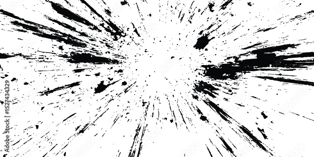 Abstract explosion, radial burst of ink splatter effect. isolated on white background. Black ink splatter creates abstract background with dynamic energy.