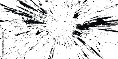 Abstract explosion, radial burst of ink splatter effect. isolated on white background. Black ink splatter creates abstract background with dynamic energy.
