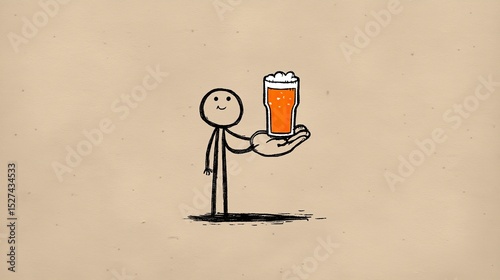 A stick figure holding up an orange beer in its hand. A cartoony illustration of a stickman holding a glass with some beverage on a beige background
