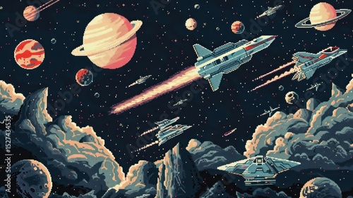 Pixelated starscape featuring spacecraft, planets and celestial bodies in deep space