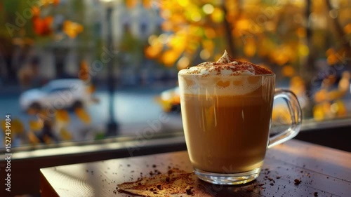 Creamy latte art with autumn leaves in a cozy cafe setting during the golden hour