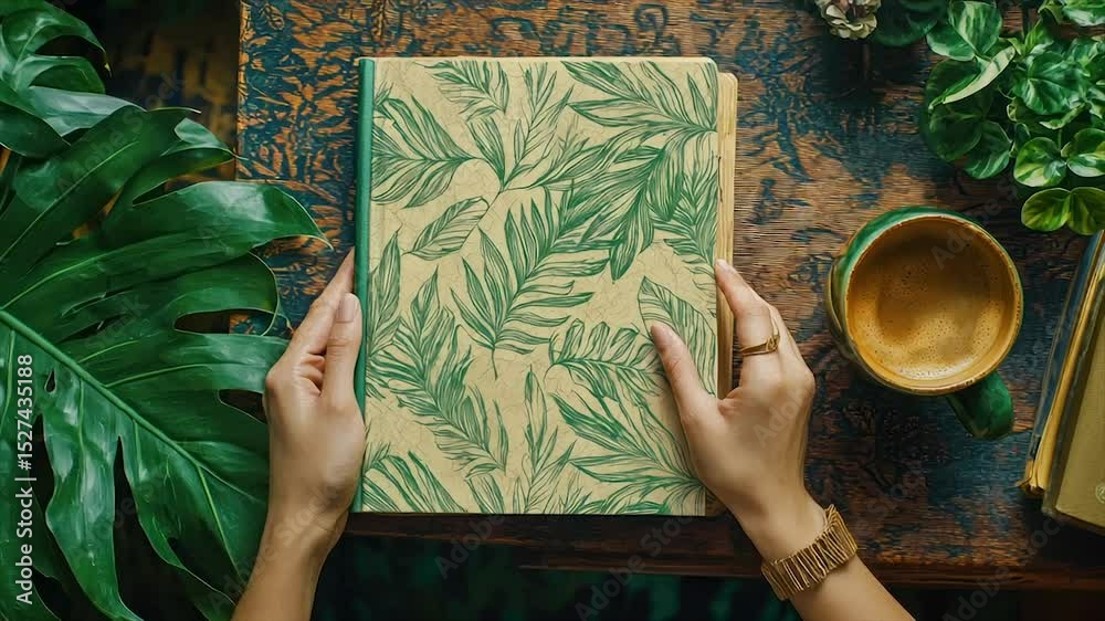Tropical leaf journal held by hands on wooden table