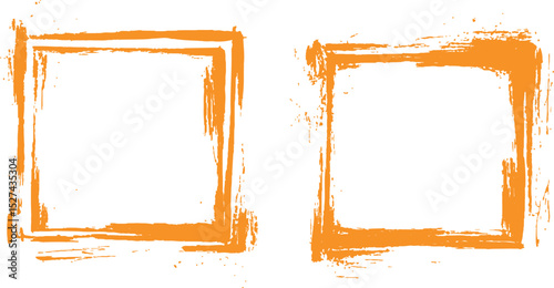 Frame is drawn with brush strokes on white background. Vector orange square grunge frame on a transparent background.