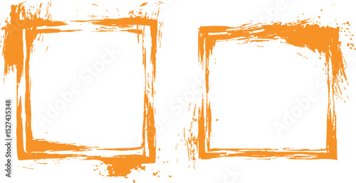 Frame is drawn with brush strokes on white background. Vector orange square grunge frame on a transparent background.