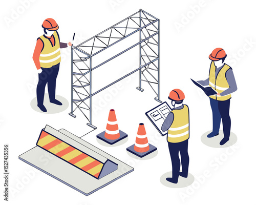Isometric isolated construction illustration featuring scaffolding and a worksite team—engineer, foreman, and laborers coordinating tasks safely and efficiently.