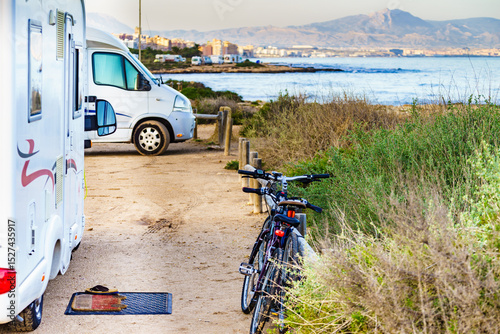 Caravan camping on mediterranean coast.