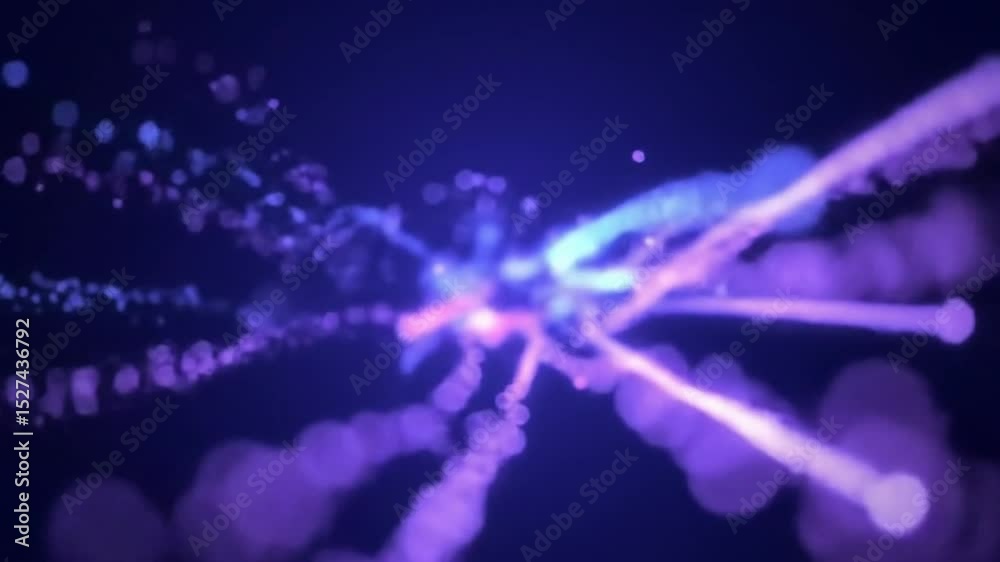 Dynamic Flow of Digital Information Through Fiber Optics. Abstract background with vibrant blue and purple light streaks, representing high-speed data transfer, network communication, and futuristic e