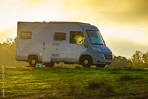 Camper rv camping on nature.