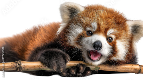 Close up of a red panda resting on a bamboo branch with its mouth slightly open on a black background